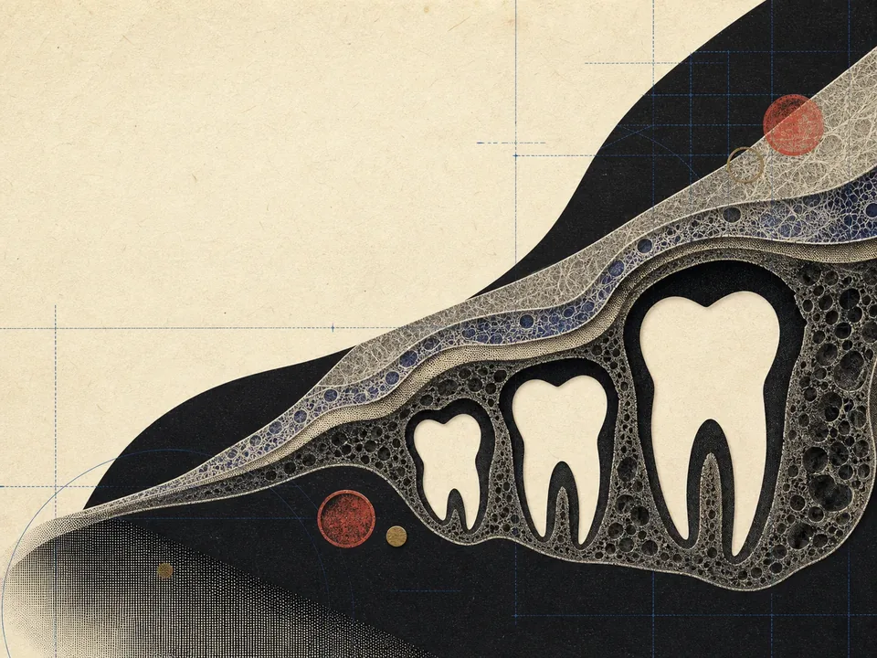 Screenprint triptych of three human teeth rendered as negative space against heavy grain, the third tooth cut from the paper's edge